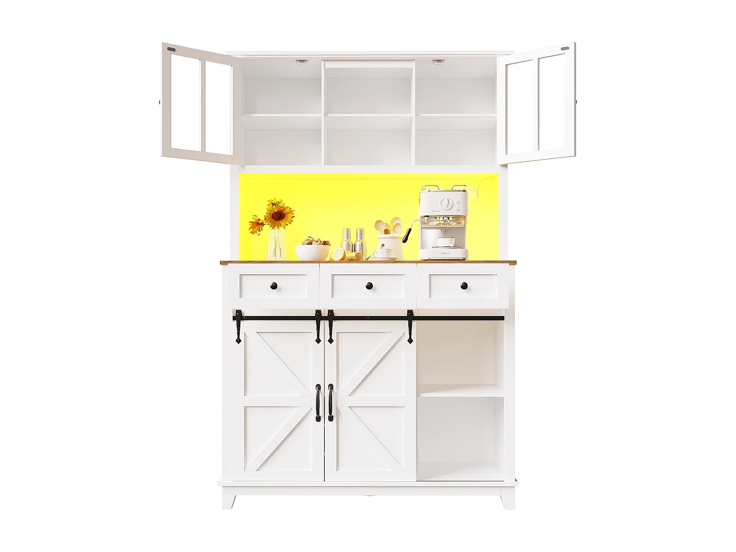 Credenza da cucina - con LED - con anta scorrevole e 3 cassetti - con ripiano regolabile - bianco