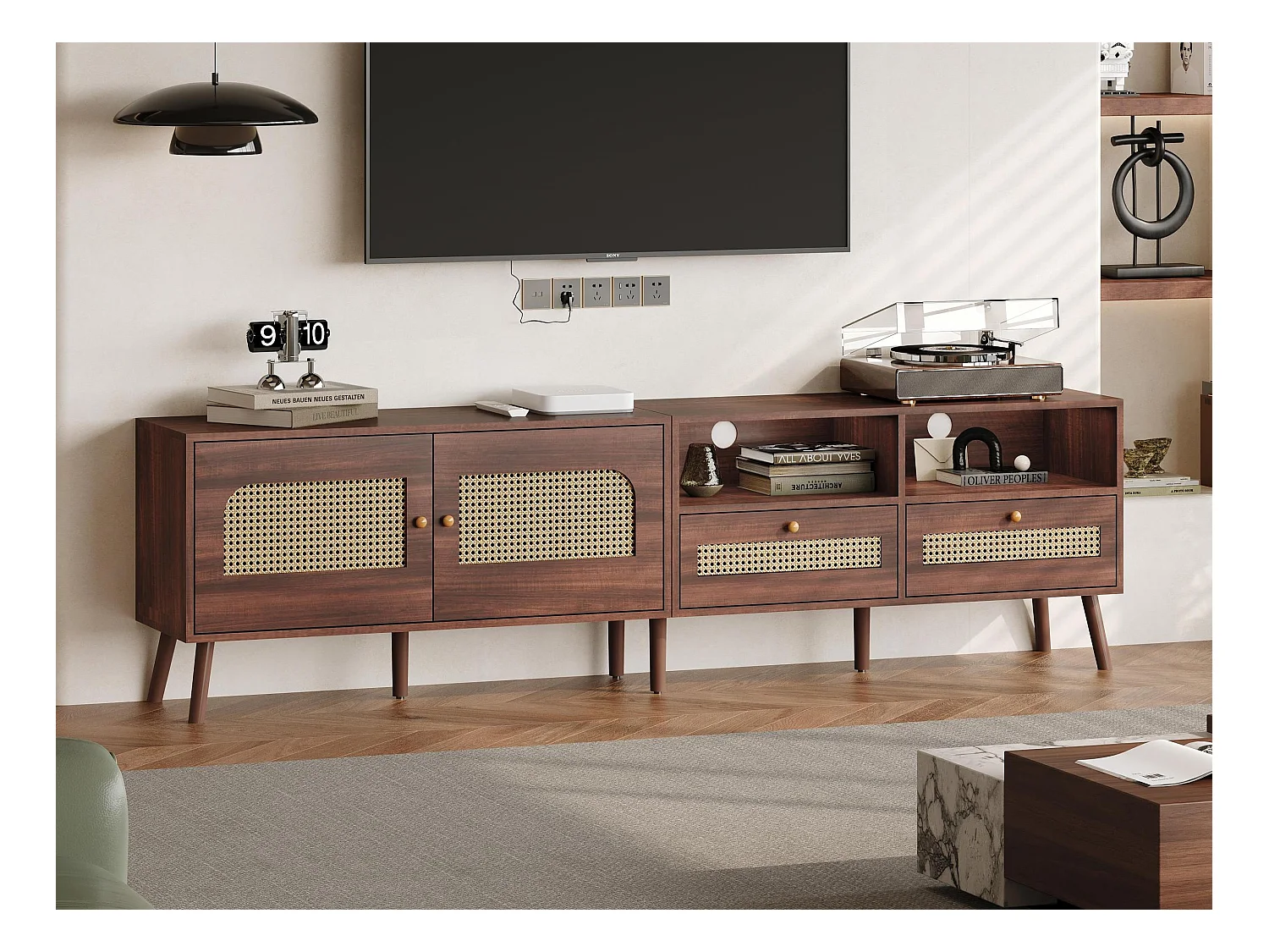 Meuble TV 200x37x49,5 cm - avec 2 portes en rotin - 2 tiroirs - pour TV 80 pouces - marron