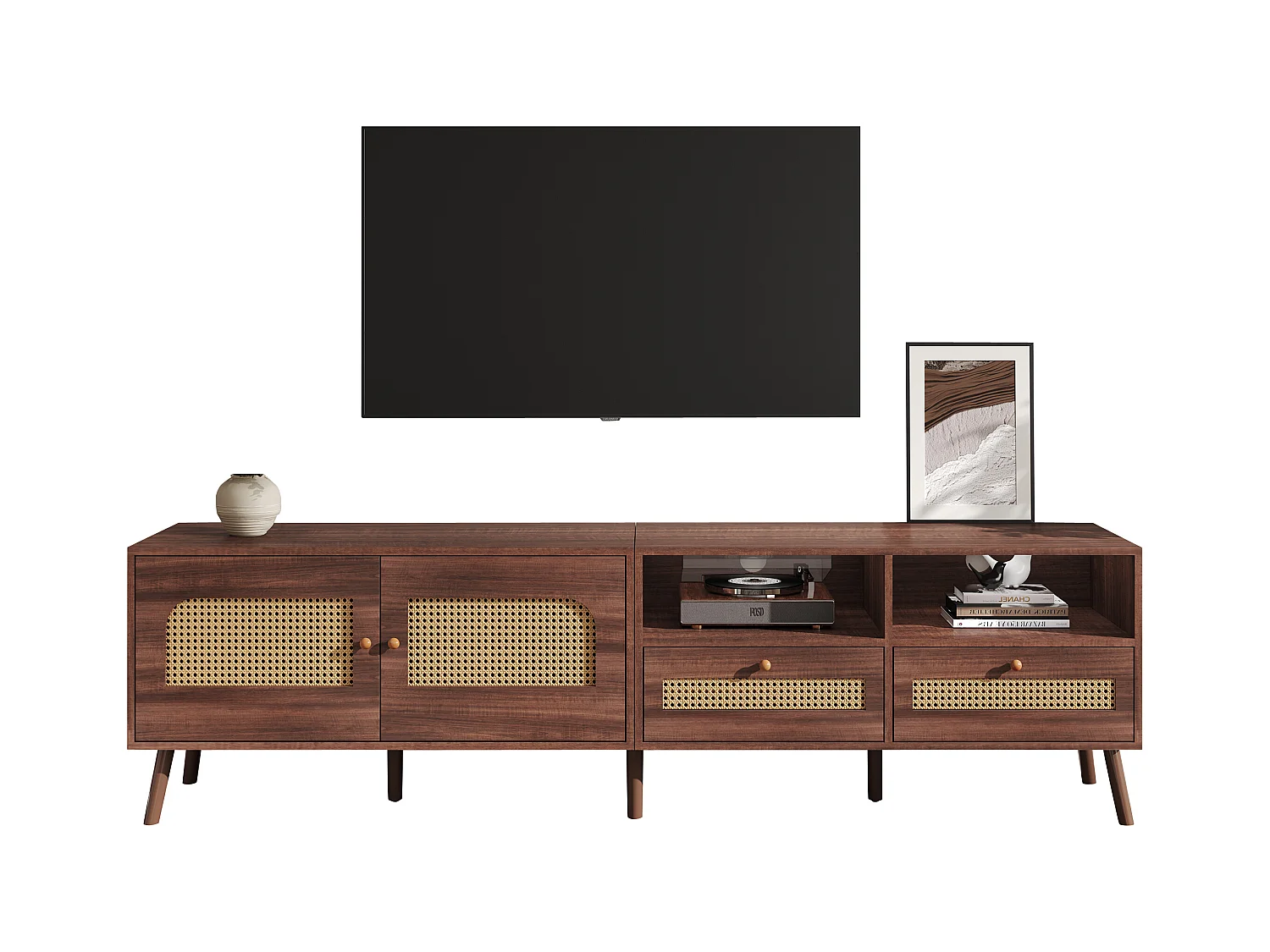 Meuble TV 200x37x49,5 cm - avec 2 portes en rotin - 2 tiroirs - pour TV 80 pouces - marron