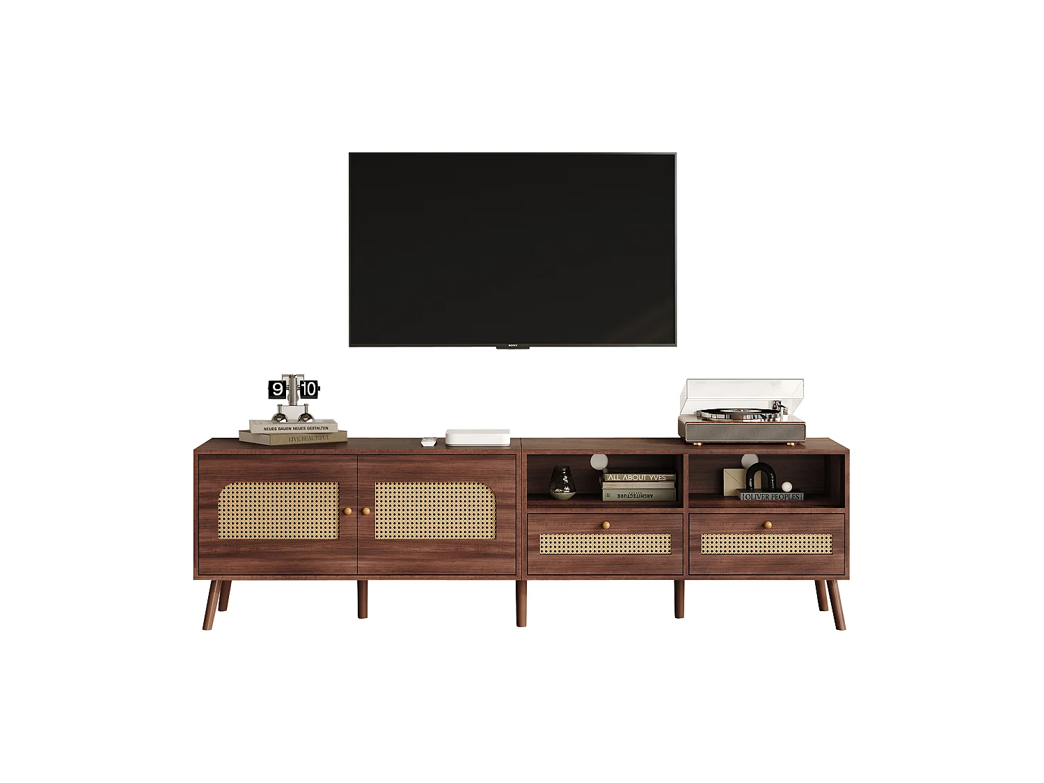 Meuble TV 200x37x49,5 cm - avec 2 portes en rotin - 2 tiroirs - pour TV 80 pouces - marron