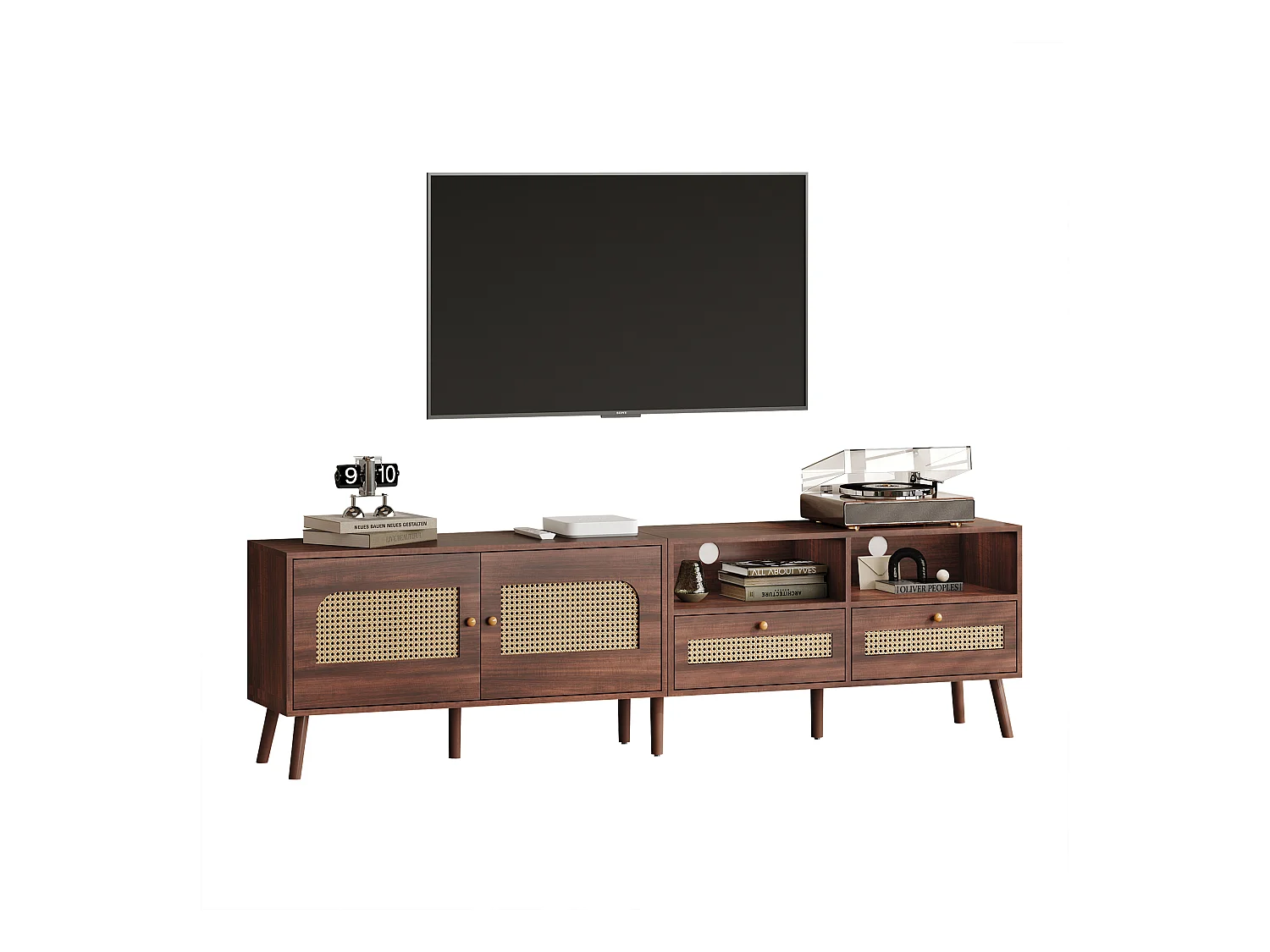 Meuble TV 200x37x49,5 cm - avec 2 portes en rotin - 2 tiroirs - pour TV 80 pouces - marron