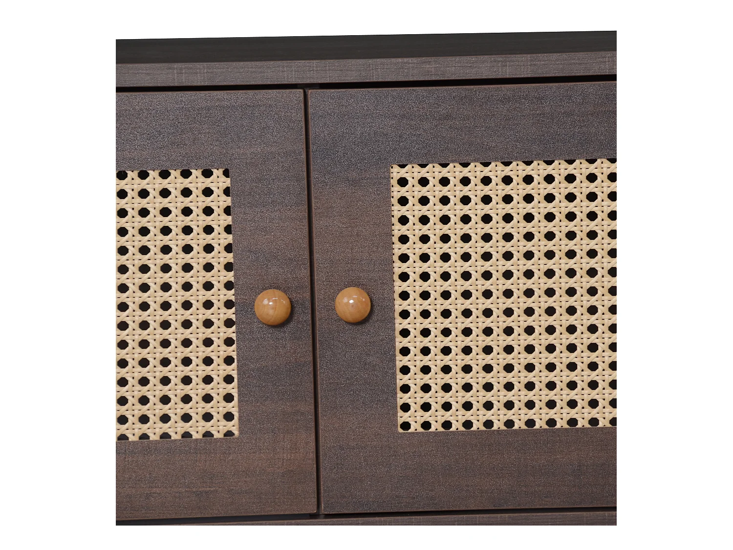 Meuble TV 200x37x49,5 cm - avec 2 portes en rotin - 2 tiroirs - pour TV 80 pouces - marron