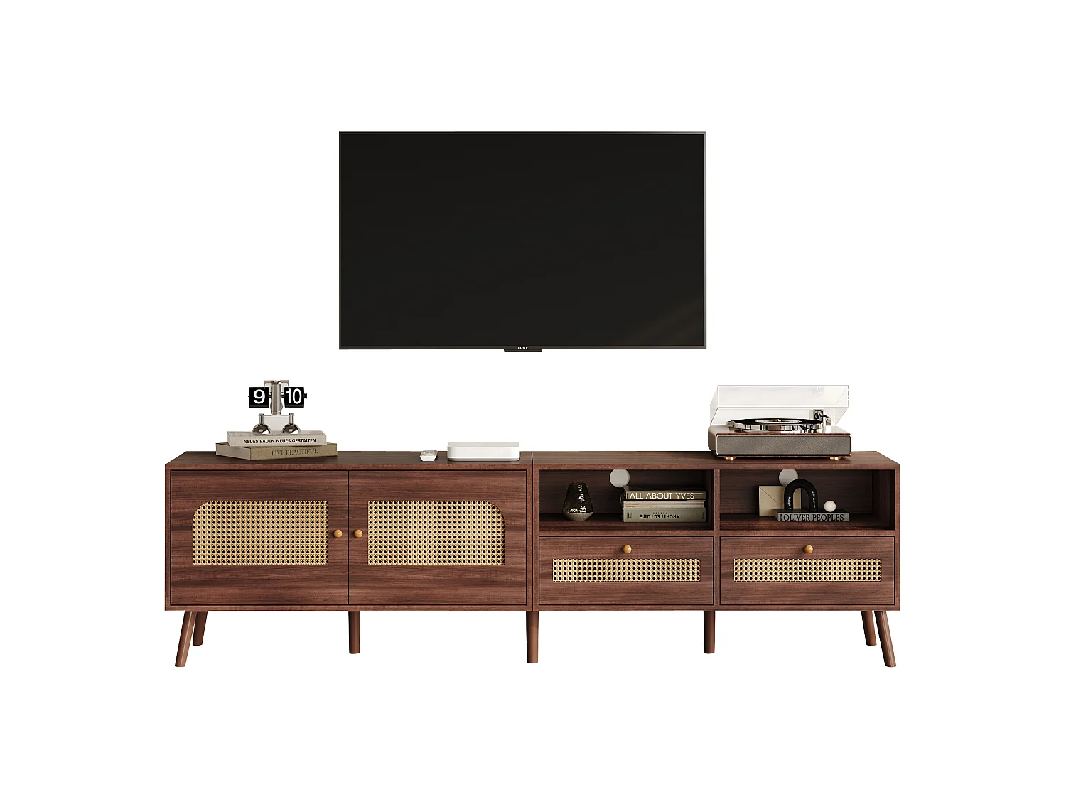 Móvel de TV 200x37x49,5 cm - com 2 portas de vime - 2 gavetas - para TV de 80 polegadas - castanho