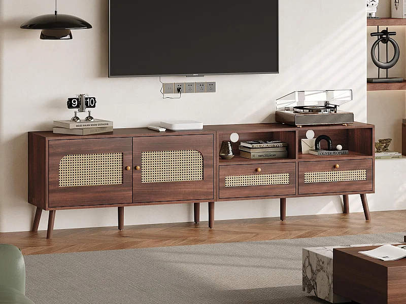 Móvel de TV 200x37x49,5 cm - com 2 portas de vime - 2 gavetas - para TV de 80 polegadas - castanho