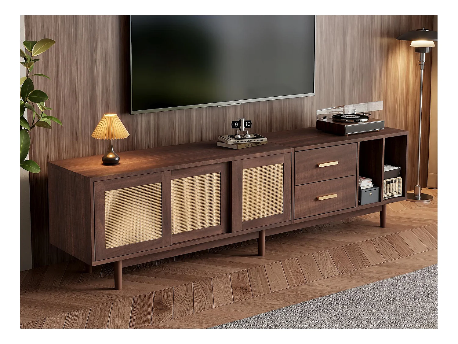 TV-Möbel 190x40x52 cm – mit 2 Schubladen – mit Stauraumfächern – für 75"-Fernseher – braun