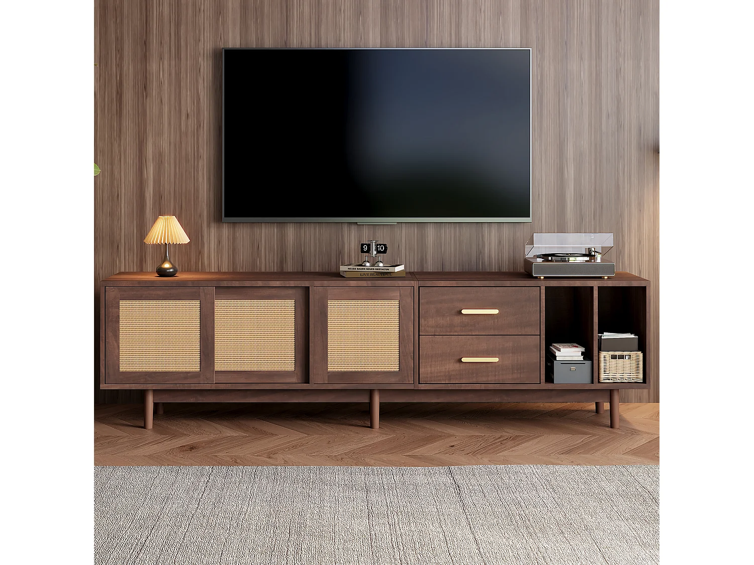 TV-Möbel 190x40x52 cm – mit 2 Schubladen – mit Stauraumfächern – für 75"-Fernseher – braun