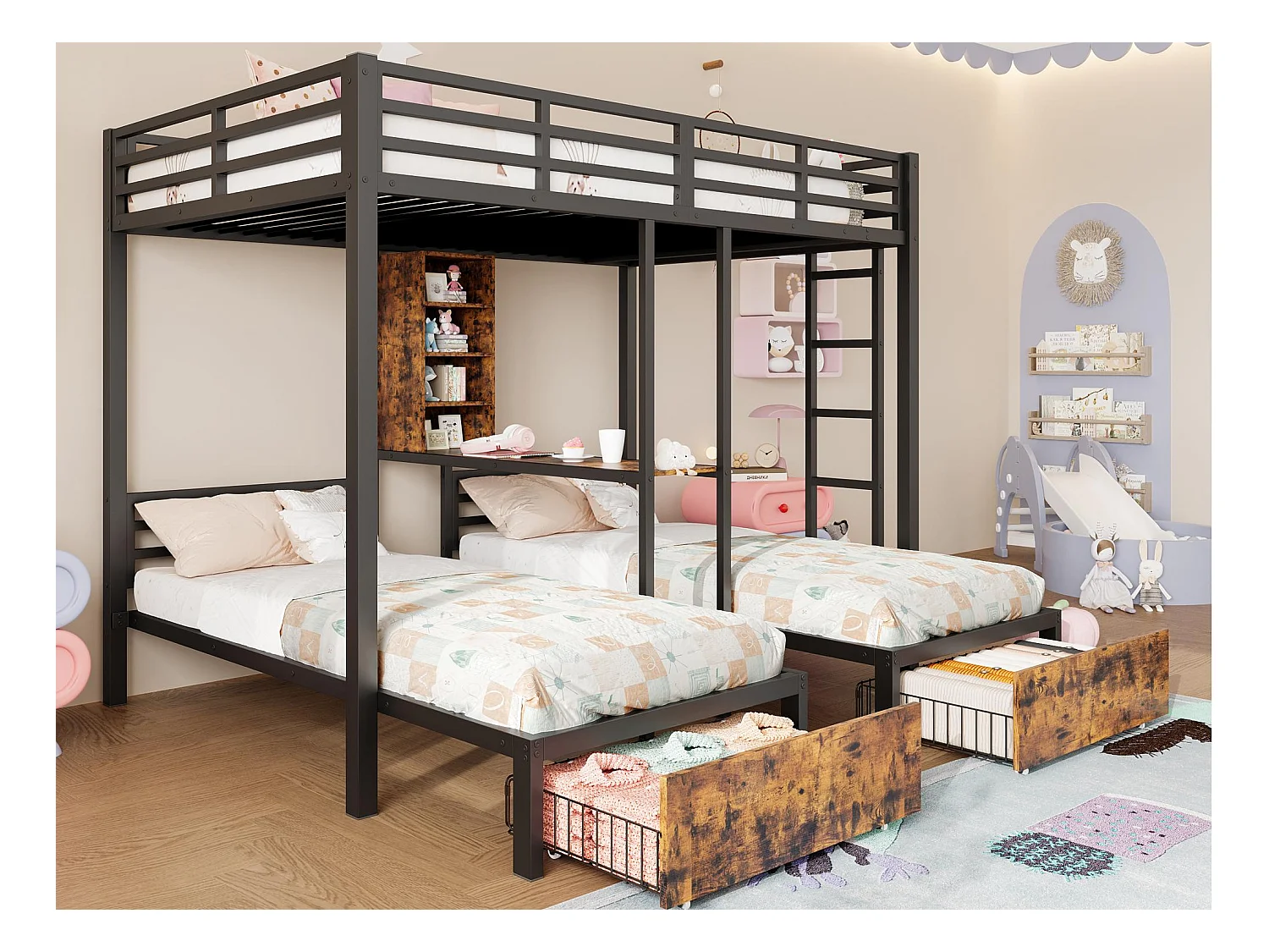 Letto a castello 140x200cm + 90x200cm - 3 posti letto - con barriere laterali - con scomparti portaoggetti - 2 cassetti - nero