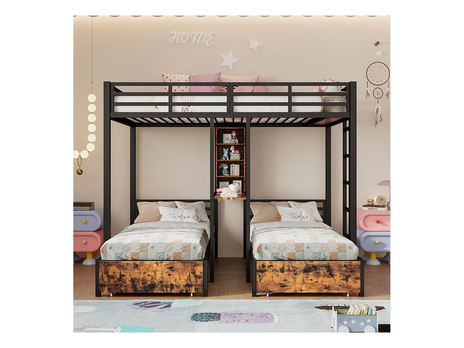 Letto a castello 140x200cm + 90x200cm - 3 posti letto - con barriere laterali - con scomparti portaoggetti - 2 cassetti - nero