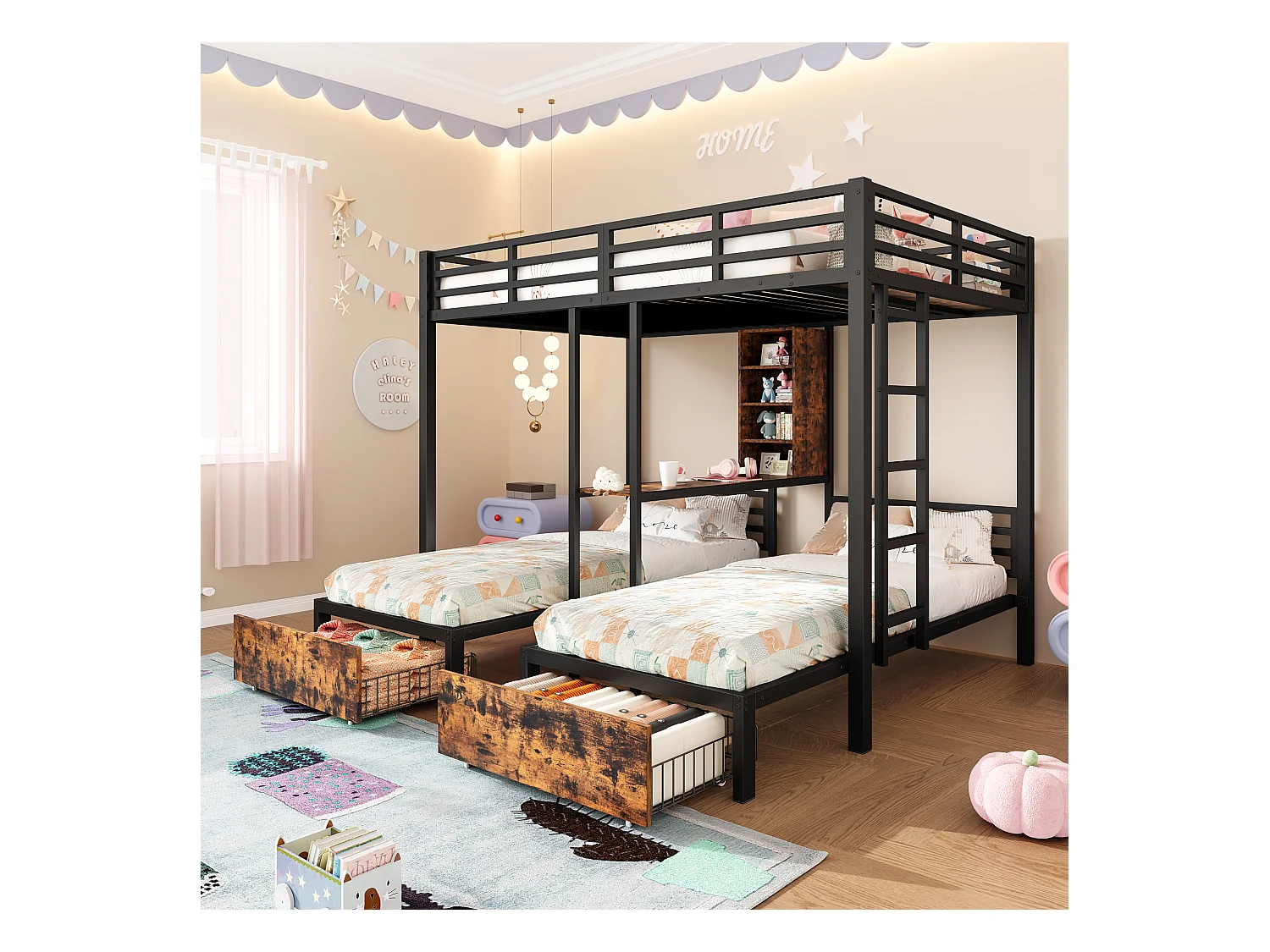 Letto a castello 140x200cm + 90x200cm - 3 posti letto - con barriere laterali - con scomparti portaoggetti - 2 cassetti - nero