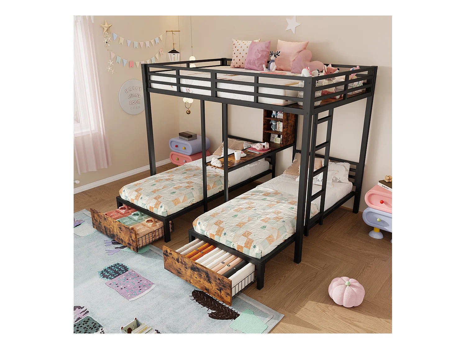 Letto a castello 140x200cm + 90x200cm - 3 posti letto - con barriere laterali - con scomparti portaoggetti - 2 cassetti - nero