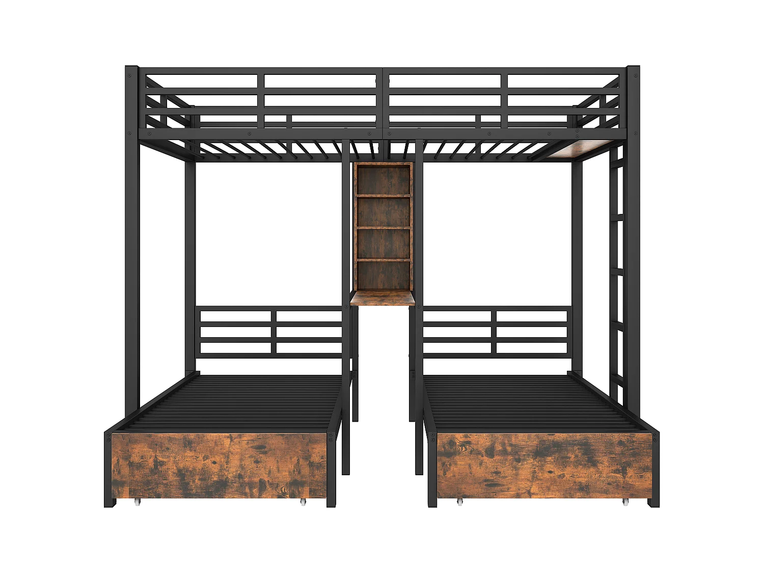 Letto a castello 140x200cm + 90x200cm - 3 posti letto - con barriere laterali - con scomparti portaoggetti - 2 cassetti - nero