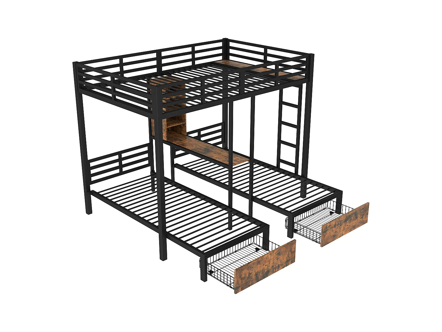 Letto a castello 140x200cm + 90x200cm - 3 posti letto - con barriere laterali - con scomparti portaoggetti - 2 cassetti - nero