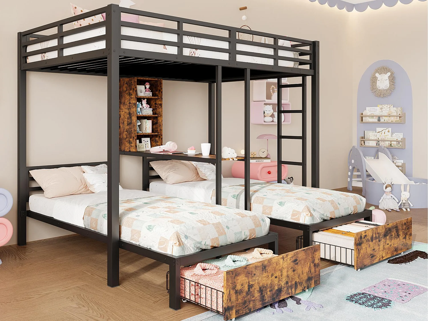 Letto a castello 140x200cm + 90x200cm - 3 posti letto - con barriere laterali - con scomparti portaoggetti - 2 cassetti - nero