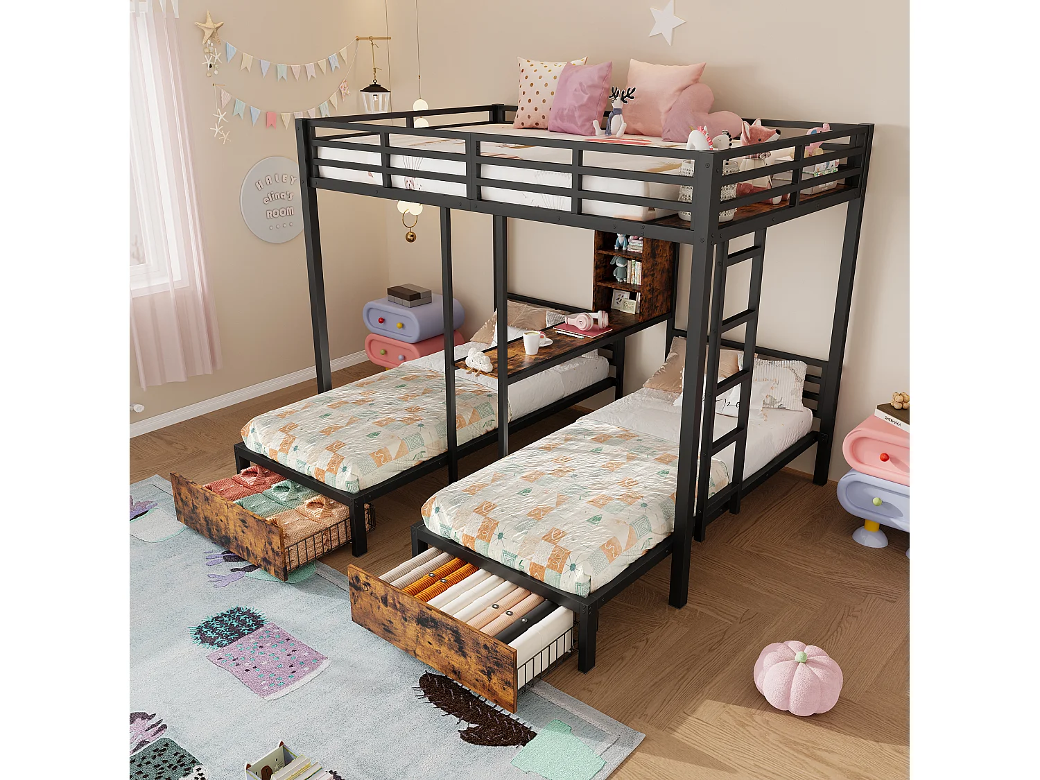 Letto a castello 140x200cm + 90x200cm - 3 posti letto - con barriere laterali - con scomparti portaoggetti - 2 cassetti - nero