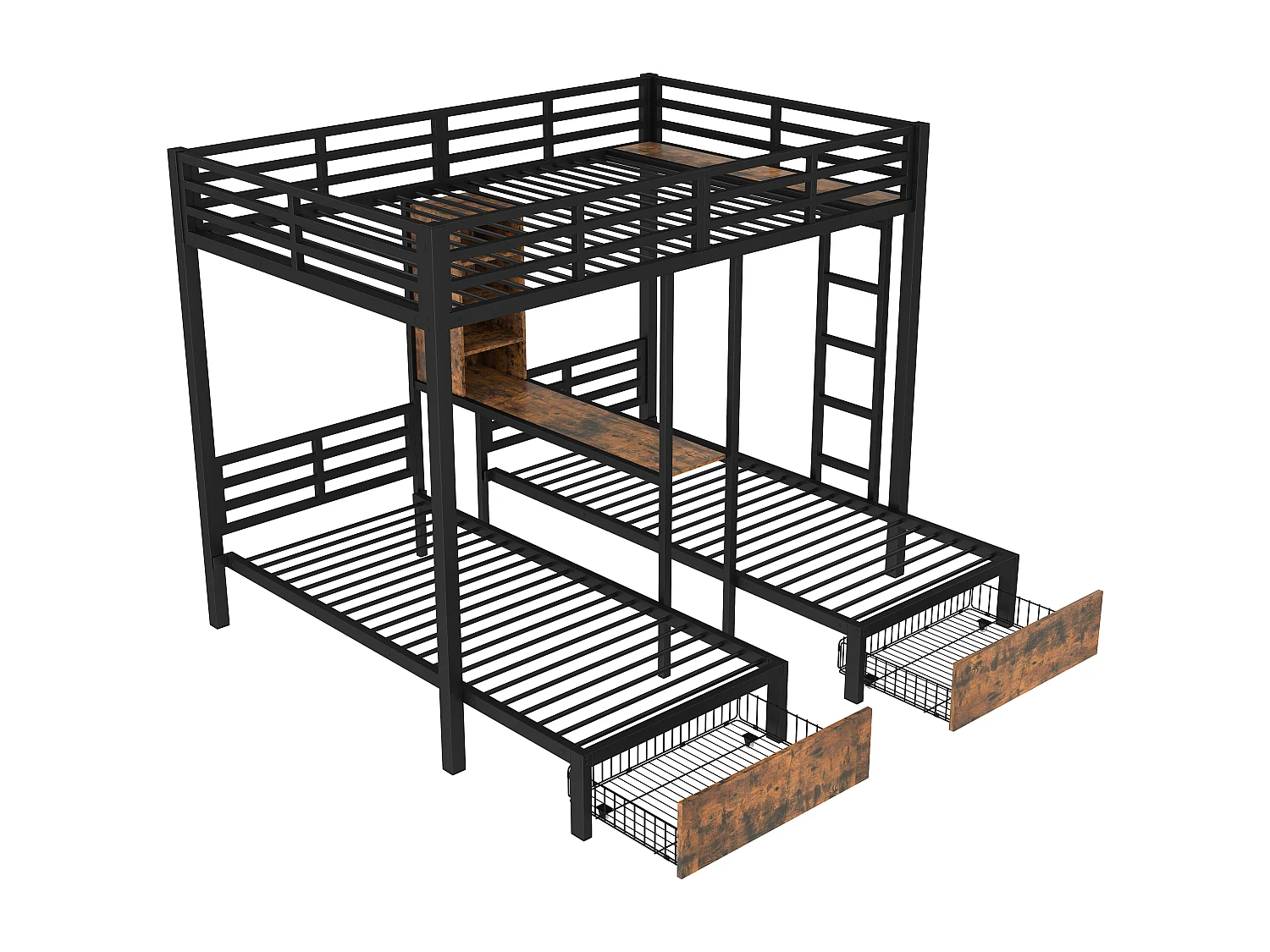 Letto a castello 140x200cm + 90x200cm - 3 posti letto - con barriere laterali - con scomparti portaoggetti - 2 cassetti - nero