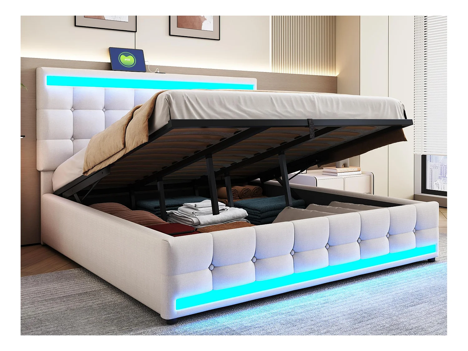 Lit coffre capitonné 180x200cm - Avec port USB - Avec bande lumineuse LED - Lin - Beige (sans matelas)