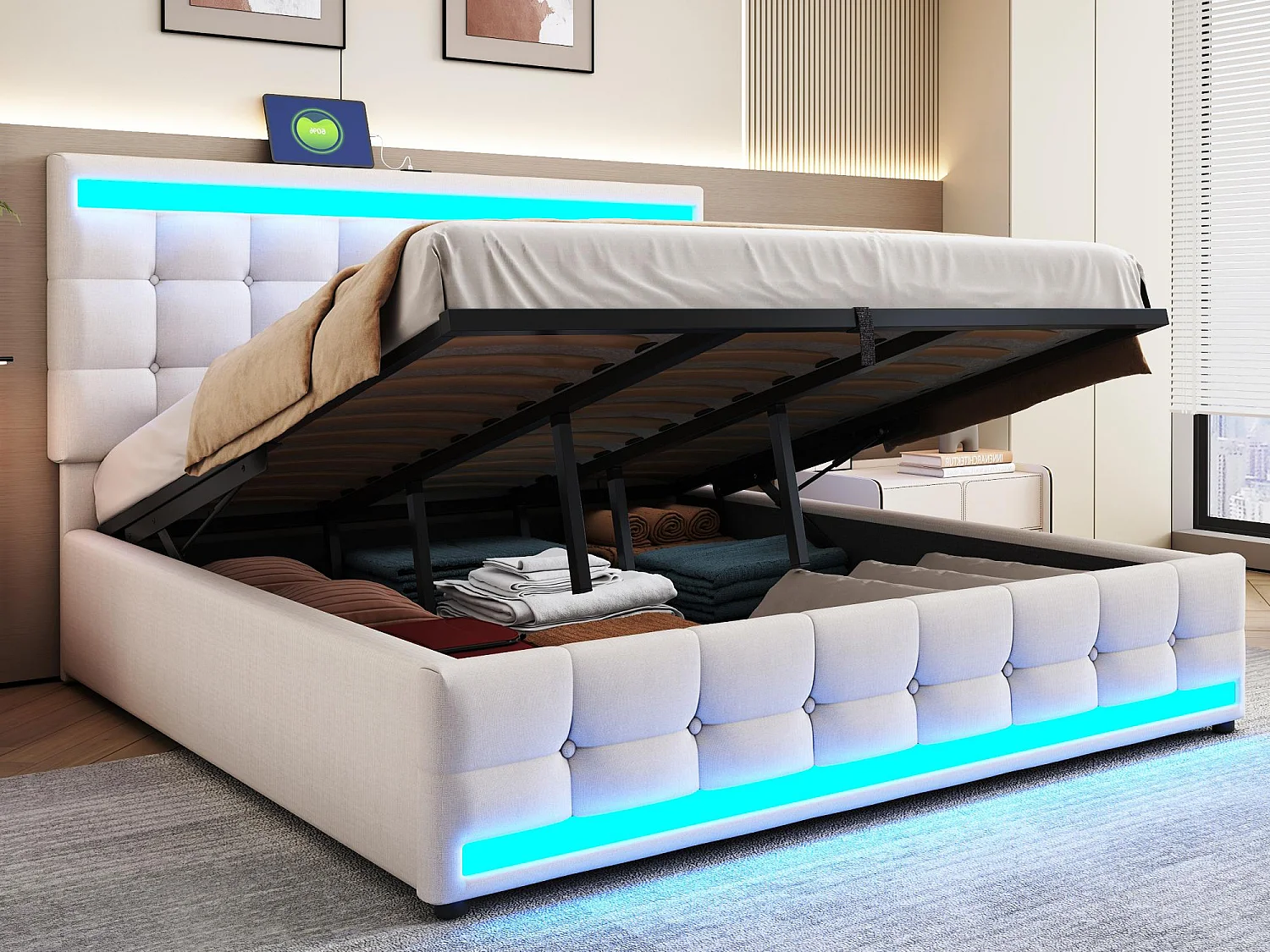 Lit coffre capitonné 180x200cm - Avec port USB - Avec bande lumineuse LED - Lin - Beige (sans matelas)