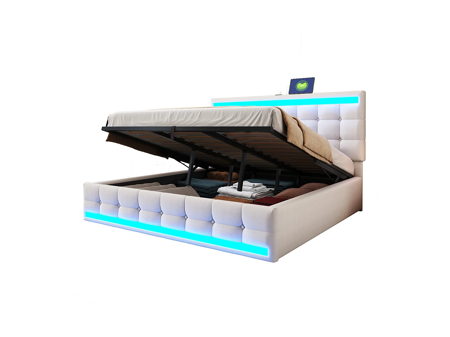 Lit coffre capitonné 180x200cm - Avec port USB - Avec bande lumineuse LED - Lin - Beige (sans matelas)