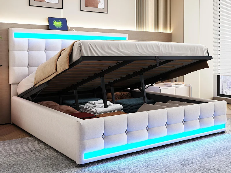 Gepolstertes Stauraumbett 180x200 cm - Mit USB-Anschluss - Mit LED-Lichtleiste - Leinen - Beige (ohne Matratze)