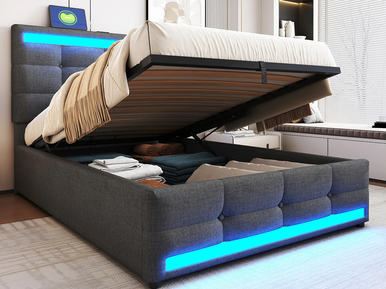 Lit coffre capitonné 90x200cm - Avec port USB - Avec bande lumineuse LED - Lin - gris (sans matelas)