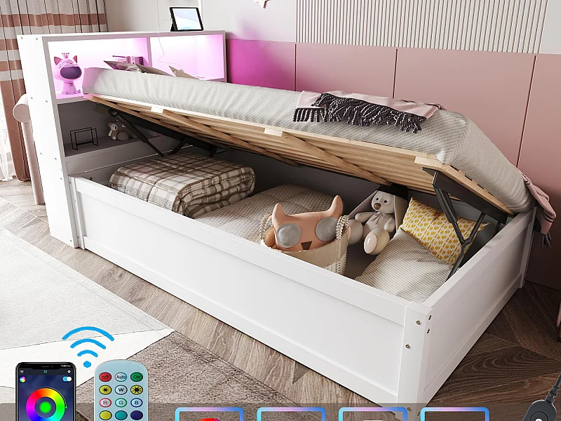 Stauraumbett 90x200 cm - Mit Steckdose - Mit Stauraumfach - Mit LED-Beleuchtung - Weiß (ohne Matratze)