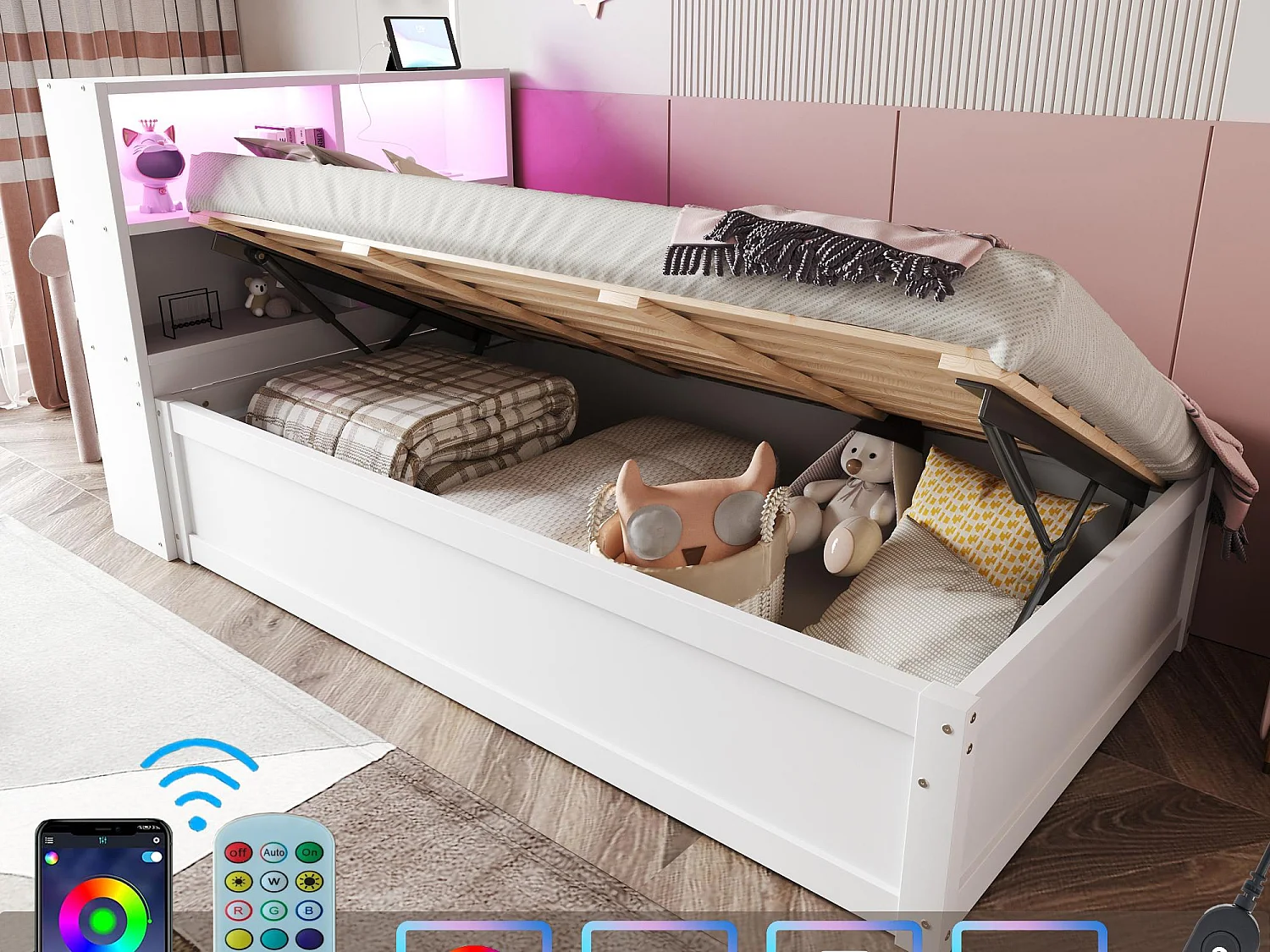 Łóżko ze schowkiem 90x200 cm - Z gniazdkiem - Z komorą do przechowywania - Z oświetleniem LED - Białe (bez materaca)