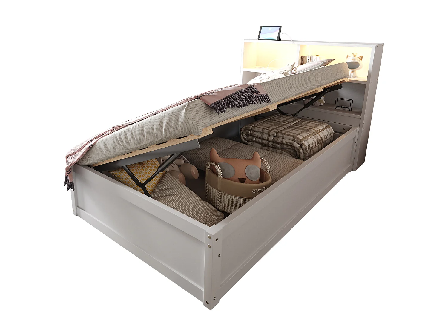 Łóżko ze schowkiem 90x200 cm - Z gniazdkiem - Z komorą do przechowywania - Z oświetleniem LED - Białe (bez materaca)