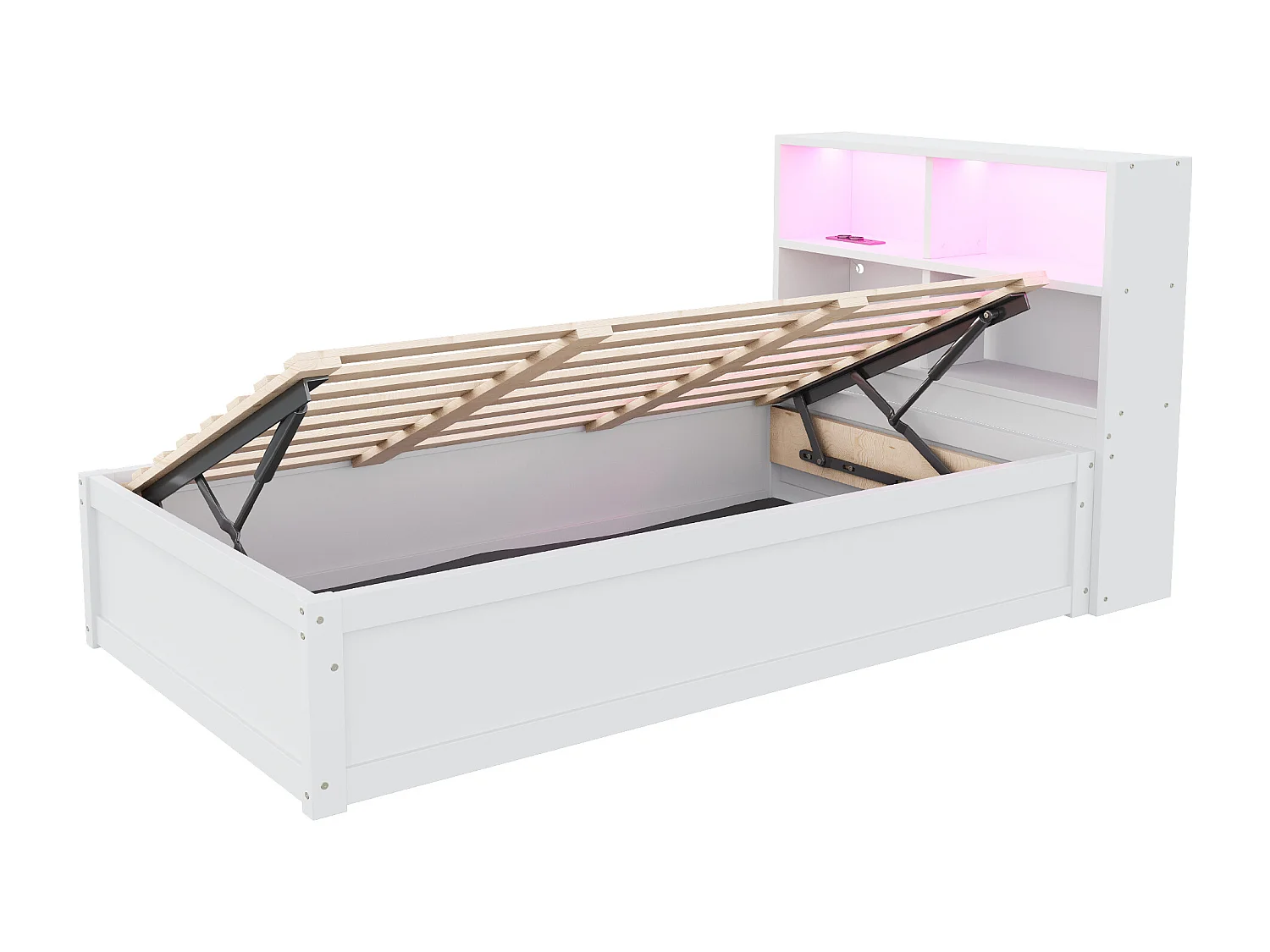 Łóżko ze schowkiem 90x200 cm - Z gniazdkiem - Z komorą do przechowywania - Z oświetleniem LED - Białe (bez materaca)