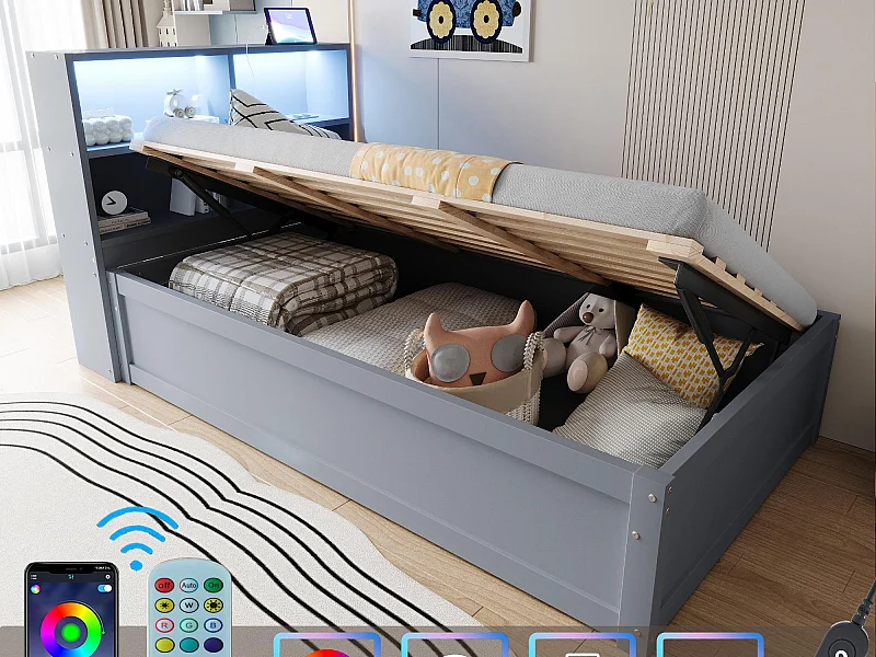 Stauraumbett 90x200 cm - Mit Steckdose - Mit Stauraumfach - Mit LED-Beleuchtung - Grau (ohne Matratze)