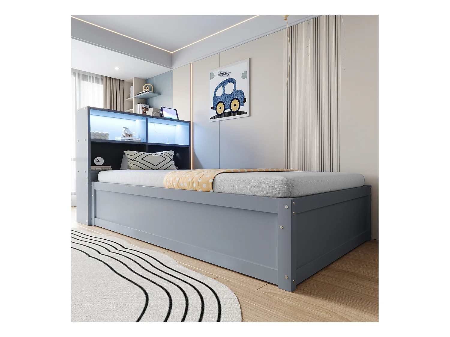 Lit coffre 90x200cm - Avec prise - Avec compartiment de rangement - Avec éclairage LED - Gris (sans matelas)