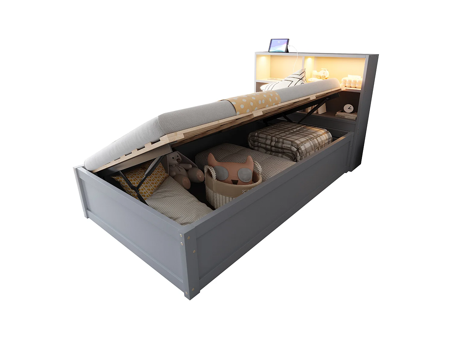 Lit coffre 90x200cm - Avec prise - Avec compartiment de rangement - Avec éclairage LED - Gris (sans matelas)