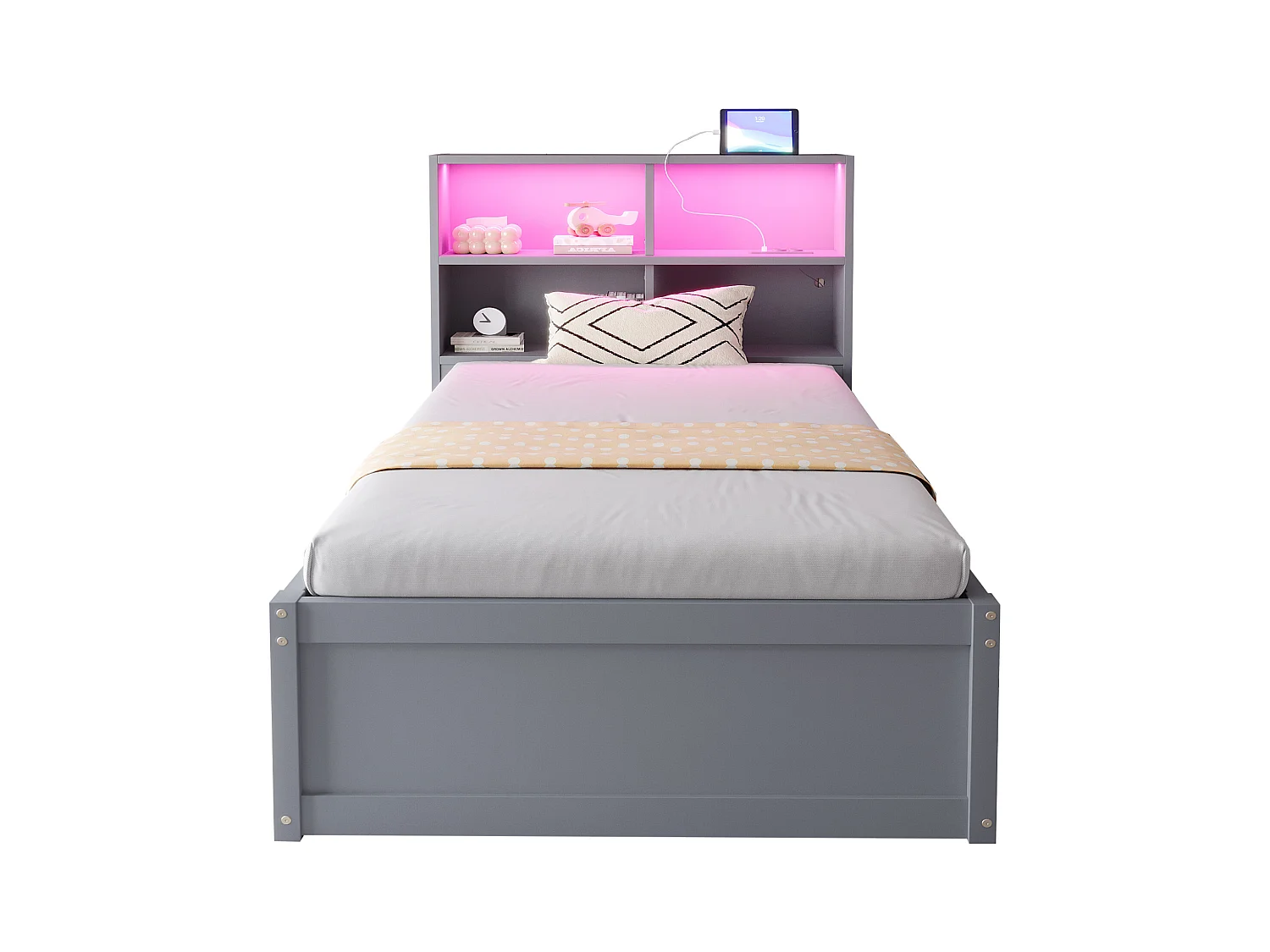 Lit coffre 90x200cm - Avec prise - Avec compartiment de rangement - Avec éclairage LED - Gris (sans matelas)