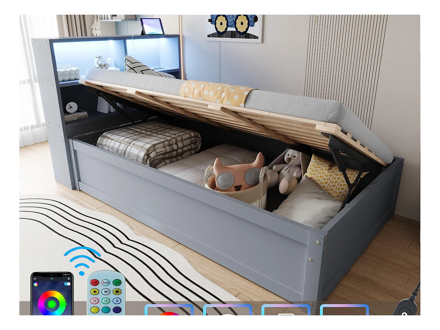 Lit coffre 90x200cm - Avec prise - Avec compartiment de rangement - Avec éclairage LED - Gris (sans matelas)