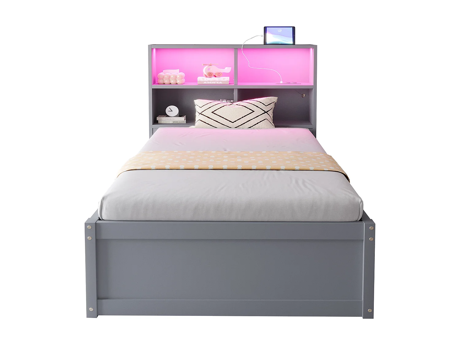 Lit coffre 90x200cm - Avec prise - Avec compartiment de rangement - Avec éclairage LED - Gris (sans matelas)