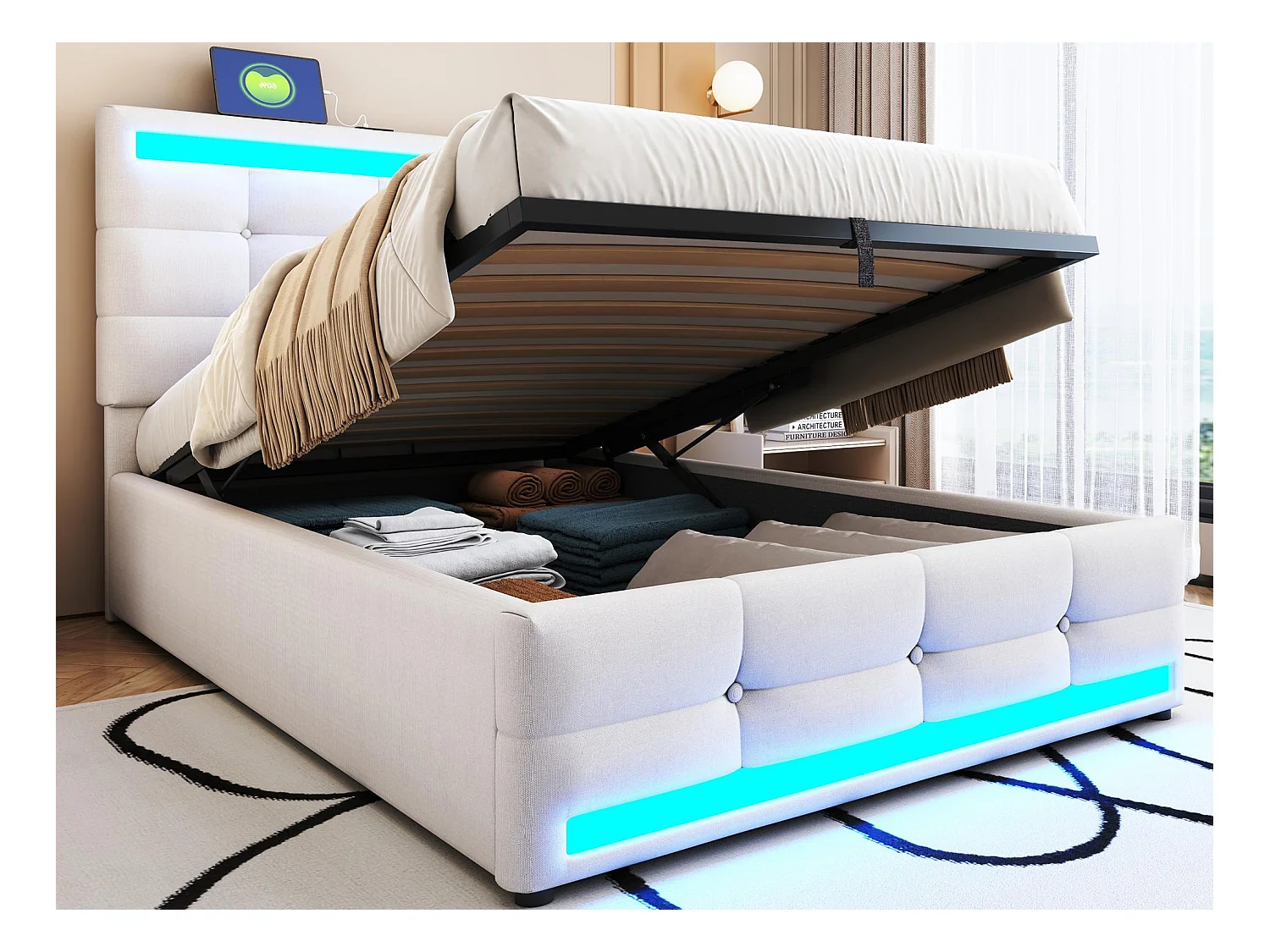 Cama baúl acolchada 90x200cm - Con puerto USB - Con tira de luz LED - Lino - Beige (sin colchón)