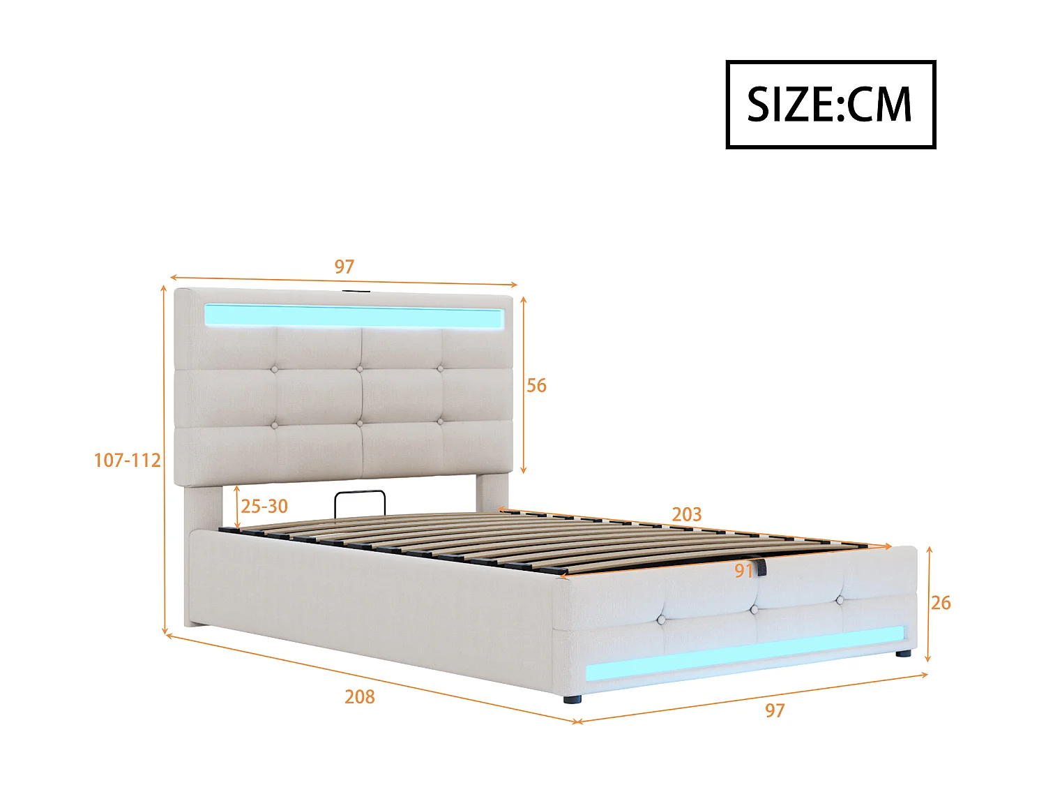 Cama baúl acolchada 90x200cm - Con puerto USB - Con tira de luz LED - Lino - Beige (sin colchón)