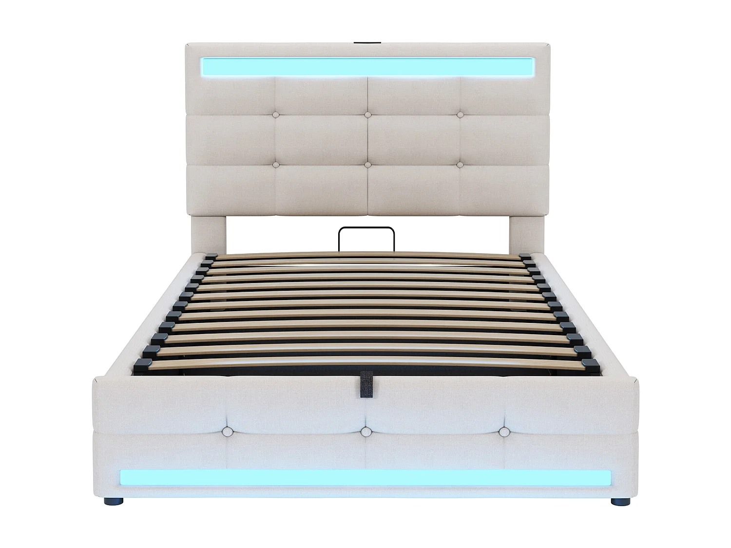 Cama baúl acolchada 90x200cm - Con puerto USB - Con tira de luz LED - Lino - Beige (sin colchón)
