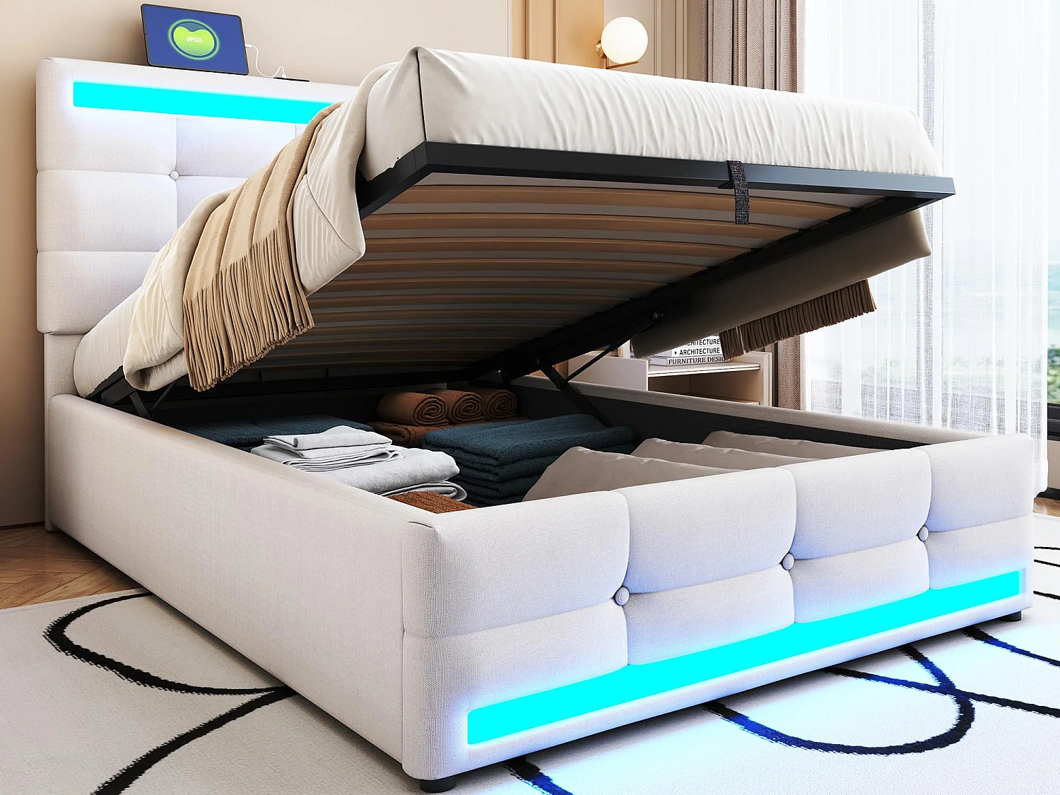 Lit coffre capitonné 90x200cm - Avec port USB - Avec bande lumineuse LED - Lin - Beige (sans matelas)