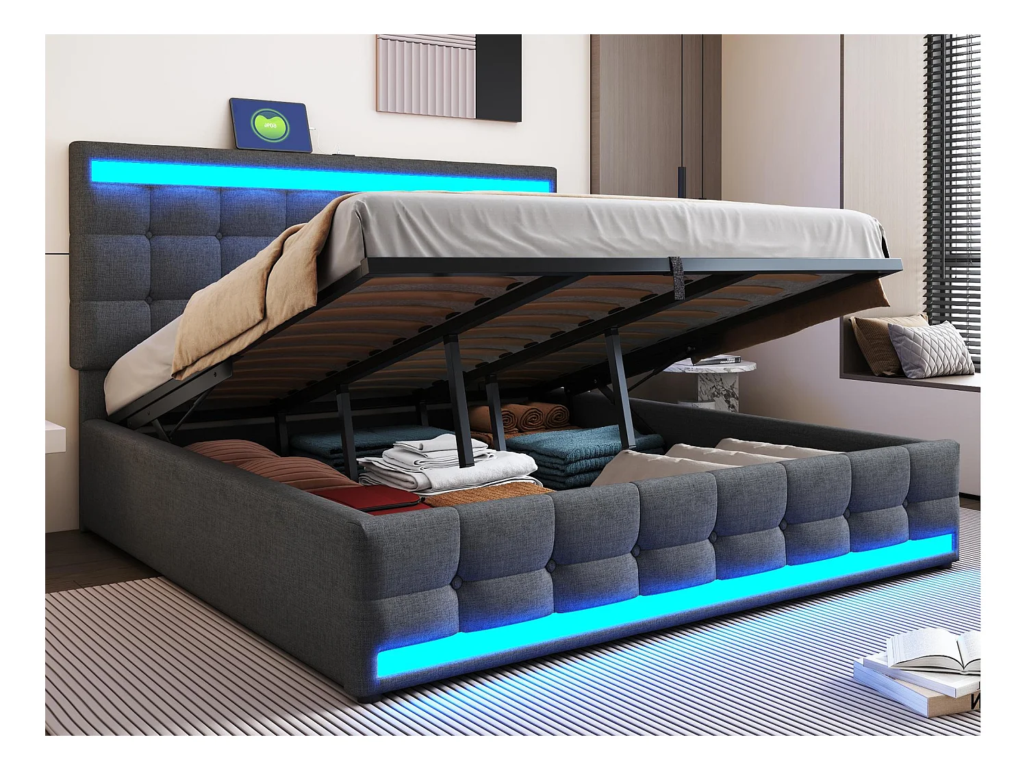 Cama baúl acolchada 180x200cm - Con puerto USB - Con tira de luz LED - Lino - Gris (sin colchón)