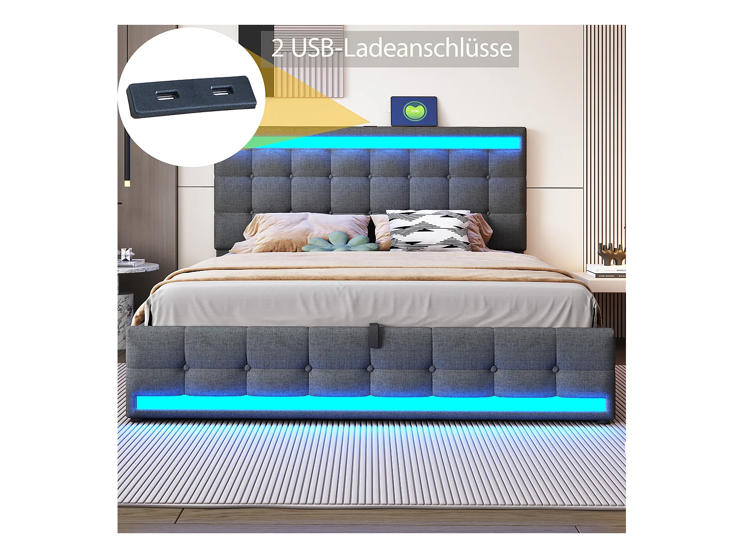 Cama baúl acolchada 180x200cm - Con puerto USB - Con tira de luz LED - Lino - Gris (sin colchón)