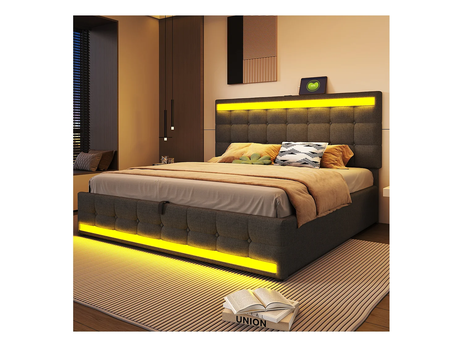 Cama baúl acolchada 180x200cm - Con puerto USB - Con tira de luz LED - Lino - Gris (sin colchón)