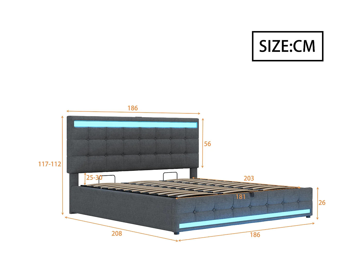 Cama baúl acolchada 180x200cm - Con puerto USB - Con tira de luz LED - Lino - Gris (sin colchón)
