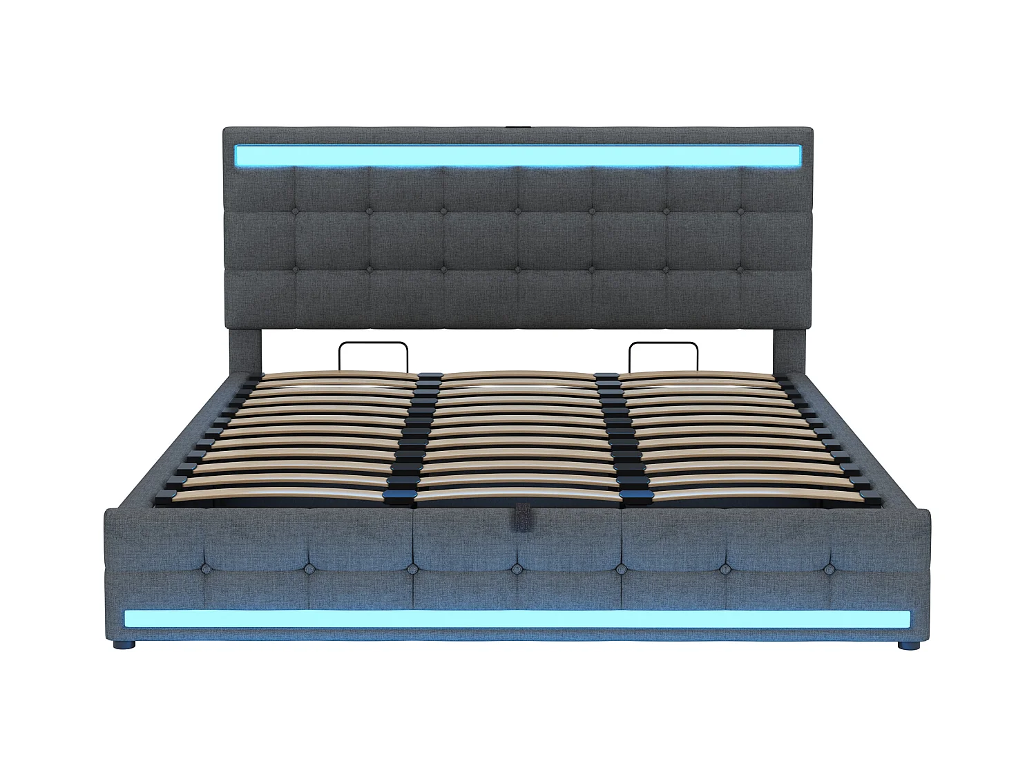Cama baúl acolchada 180x200cm - Con puerto USB - Con tira de luz LED - Lino - Gris (sin colchón)