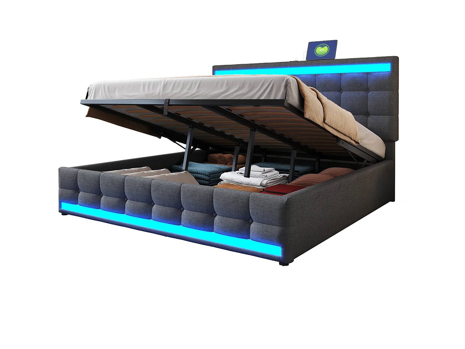 Cama baúl acolchada 180x200cm - Con puerto USB - Con tira de luz LED - Lino - Gris (sin colchón)