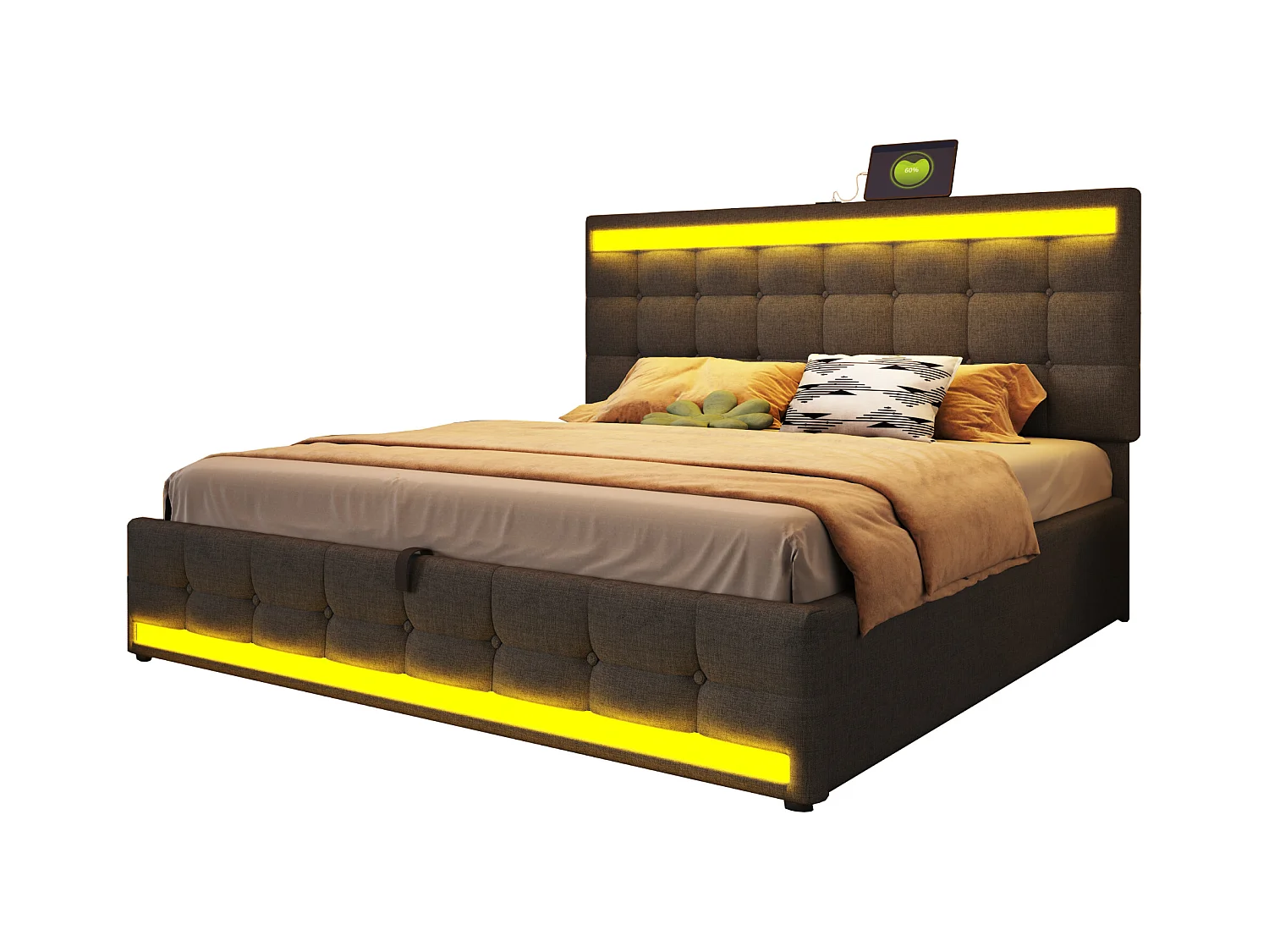 Cama baúl acolchada 180x200cm - Con puerto USB - Con tira de luz LED - Lino - Gris (sin colchón)
