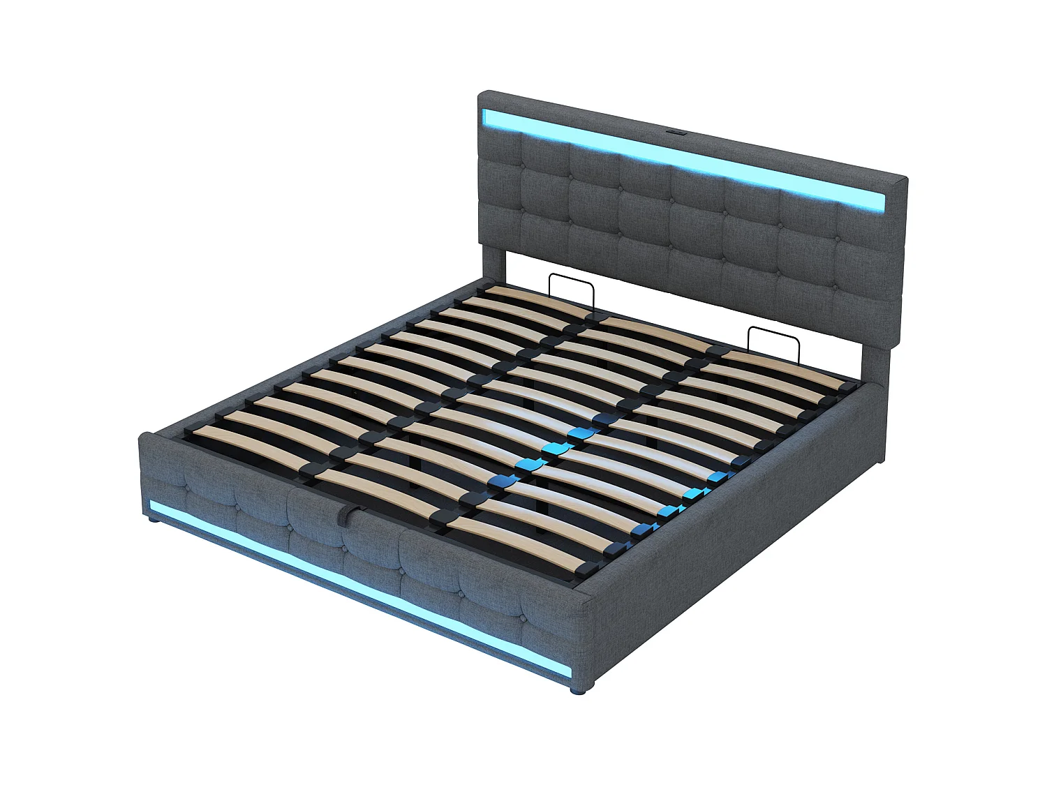 Cama baúl acolchada 180x200cm - Con puerto USB - Con tira de luz LED - Lino - Gris (sin colchón)