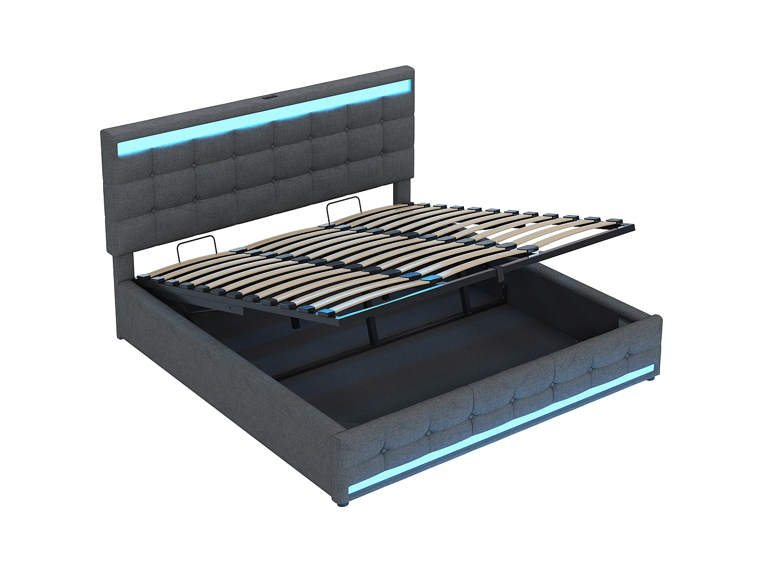 Cama baúl acolchada 180x200cm - Con puerto USB - Con tira de luz LED - Lino - Gris (sin colchón)