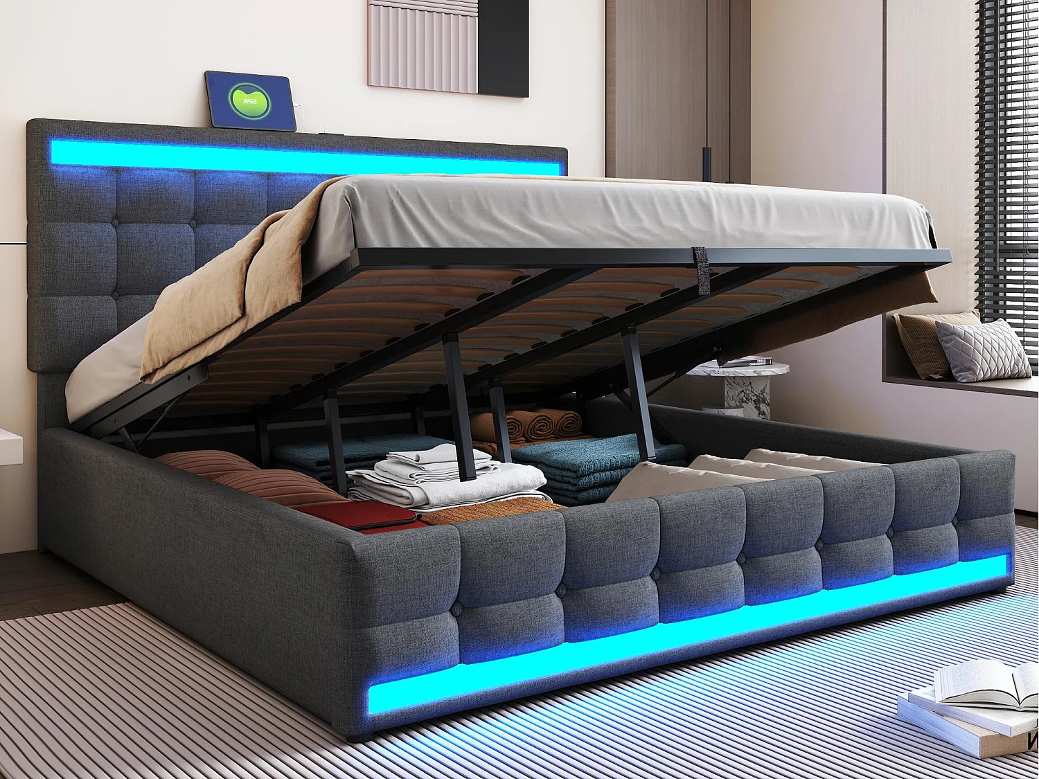 Lit coffre capitonné 180x200cm - Avec port USB - Avec bande lumineuse LED - Lin - gris (sans matelas)