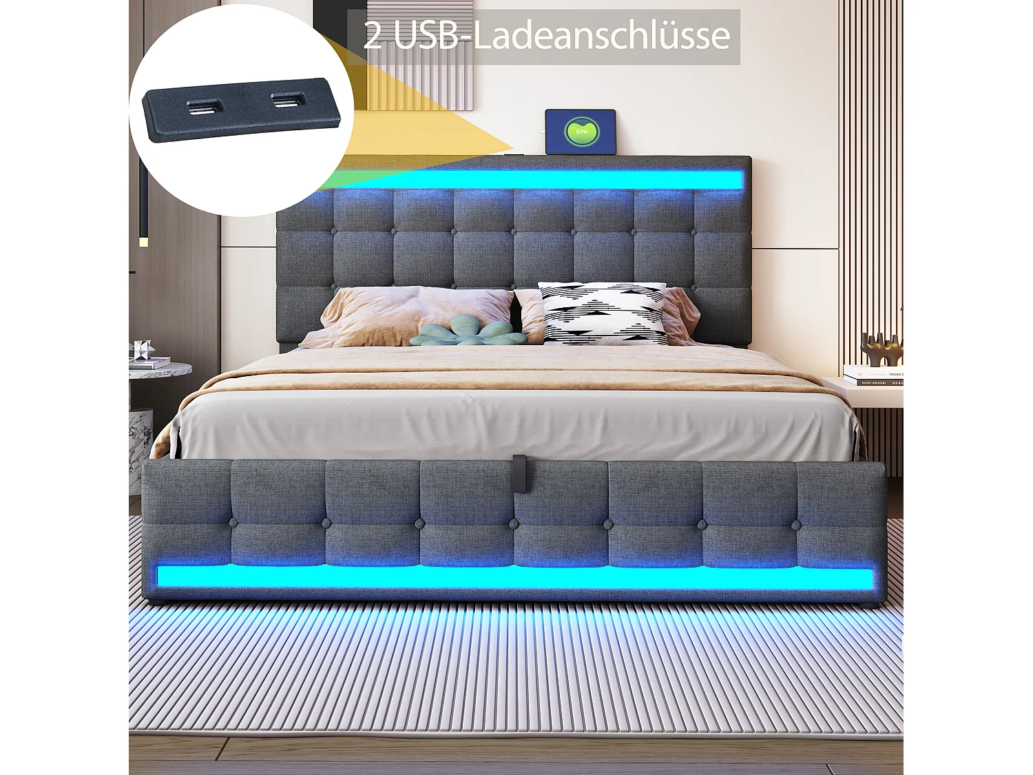 Lit coffre capitonné 180x200cm - Avec port USB - Avec bande lumineuse LED - Lin - gris (sans matelas)
