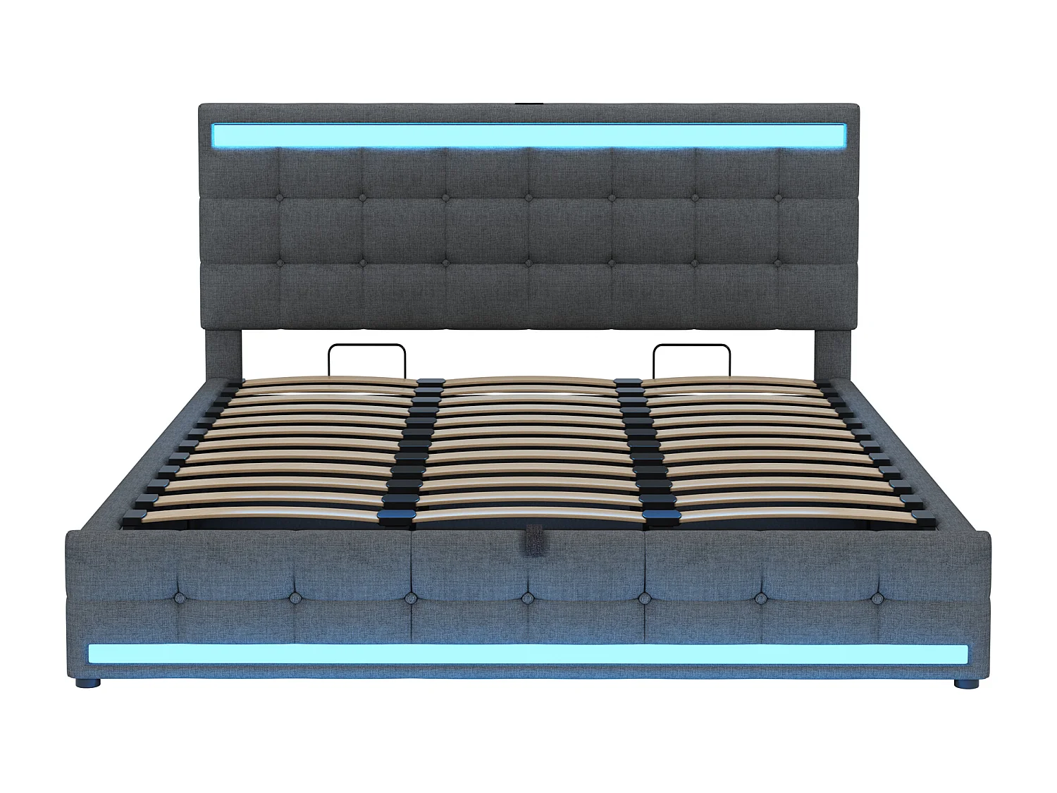Lit coffre capitonné 180x200cm - Avec port USB - Avec bande lumineuse LED - Lin - gris (sans matelas)